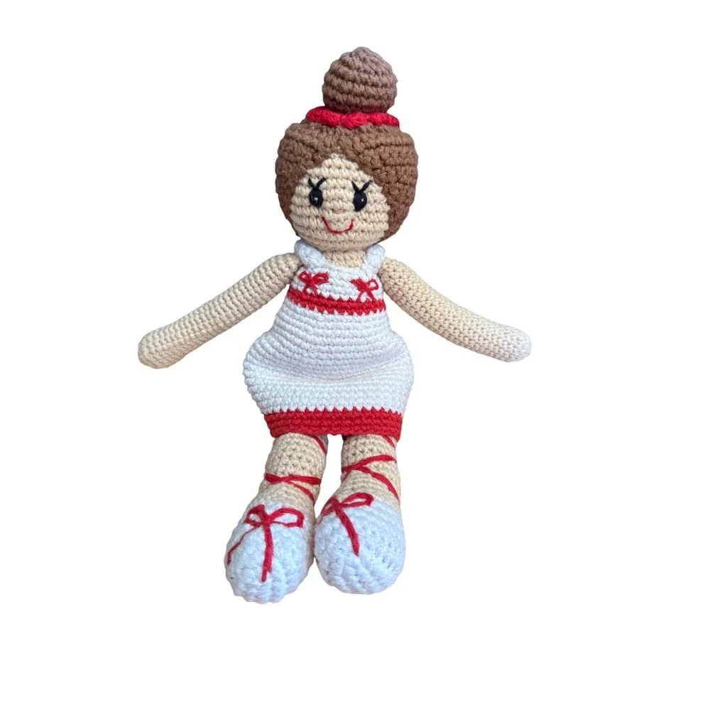 Pebble Child Handmade Crochet Ballerina Doll White Red 100% Cotton Amigurumi 12